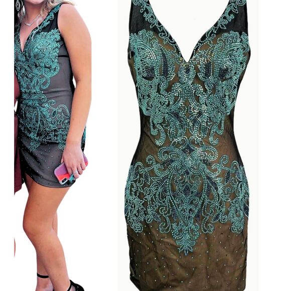 Glamorous Black Blue Embellished Bodycon Mini Dress Vienna Prom Size 2 - Picture 1 of 13